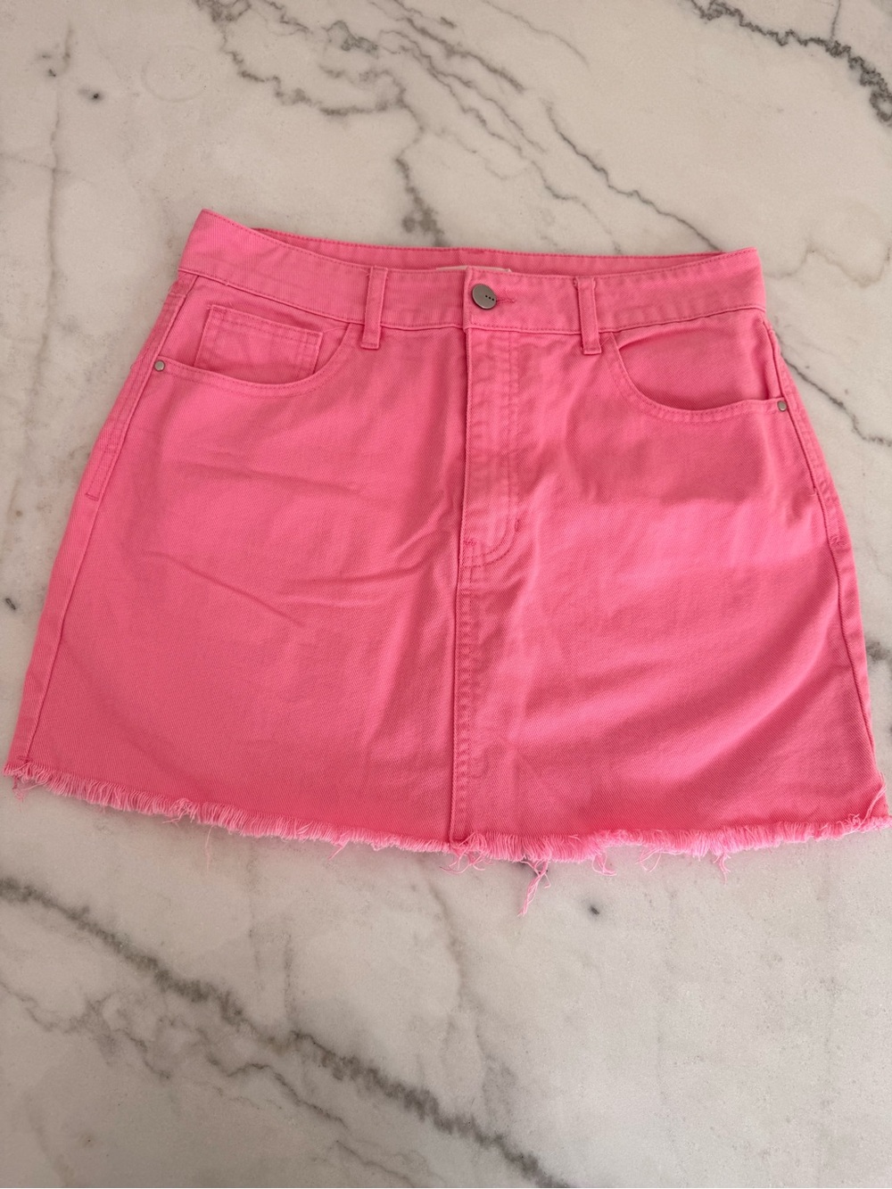 High-Rise Pink Denim Mini Skirt with Frayed Hem